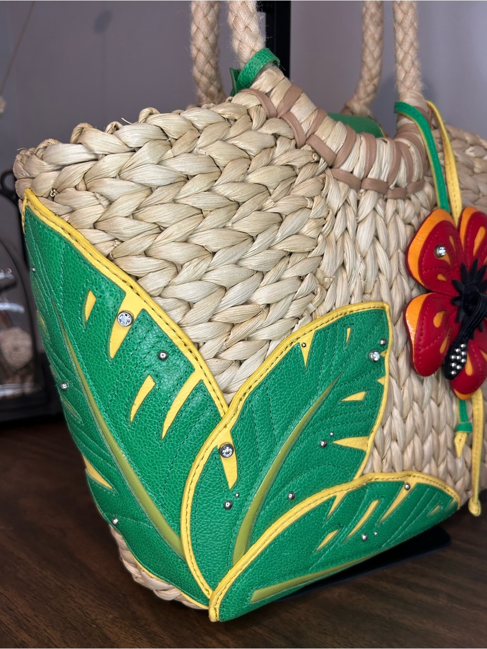 Brighton Woven Hula Straw Tote with Green Leaf Appliqué & Red Flower Charm - Picture 5 of 17